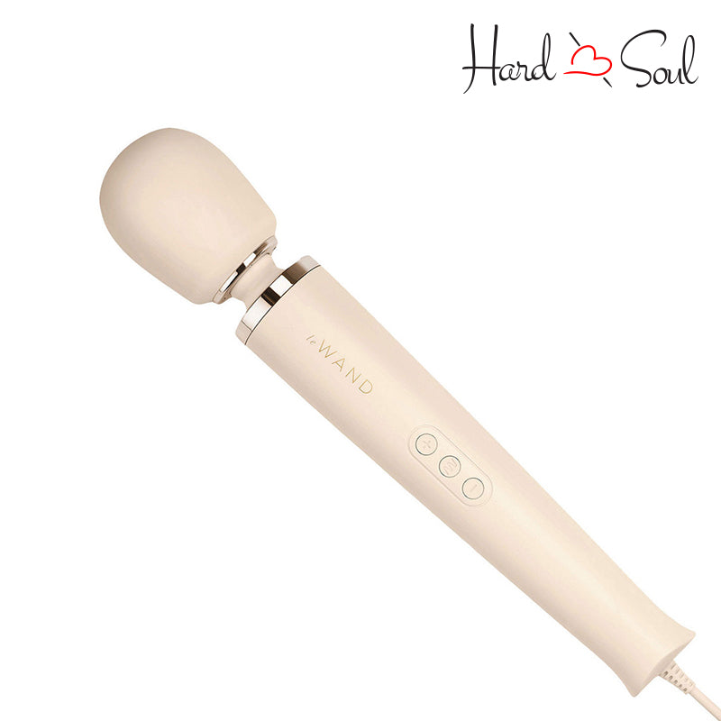 Side of a Cream Le Wand Plugin Vibrating Massager showing its buttons- HardnSoul