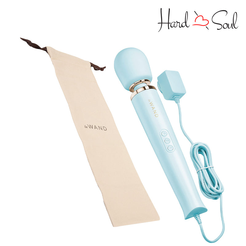 A Wand bag next to Sky Blue Le Wand Plugin Vibrating Massager - HardnSoul