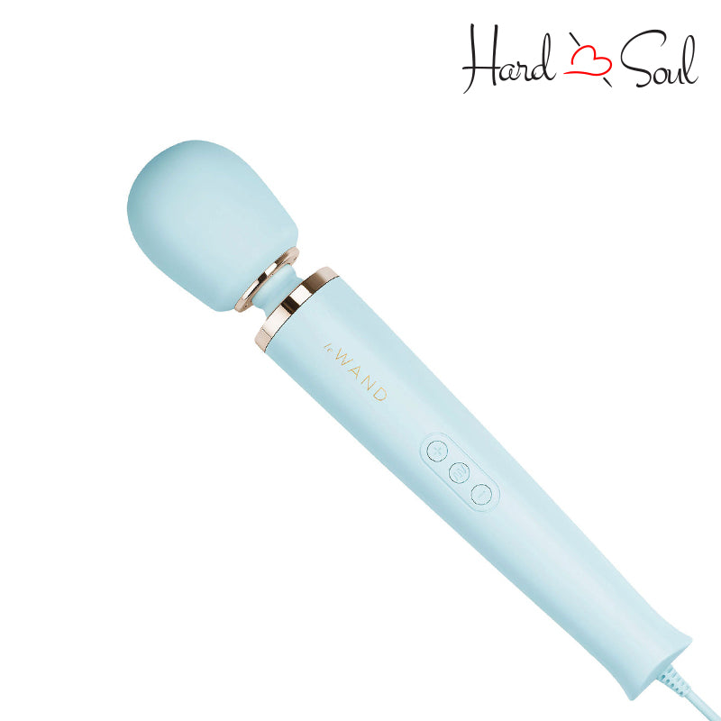 Side of a Sky Blue Le Wand Plugin Vibrating Massager showing its buttons - HardnSoul