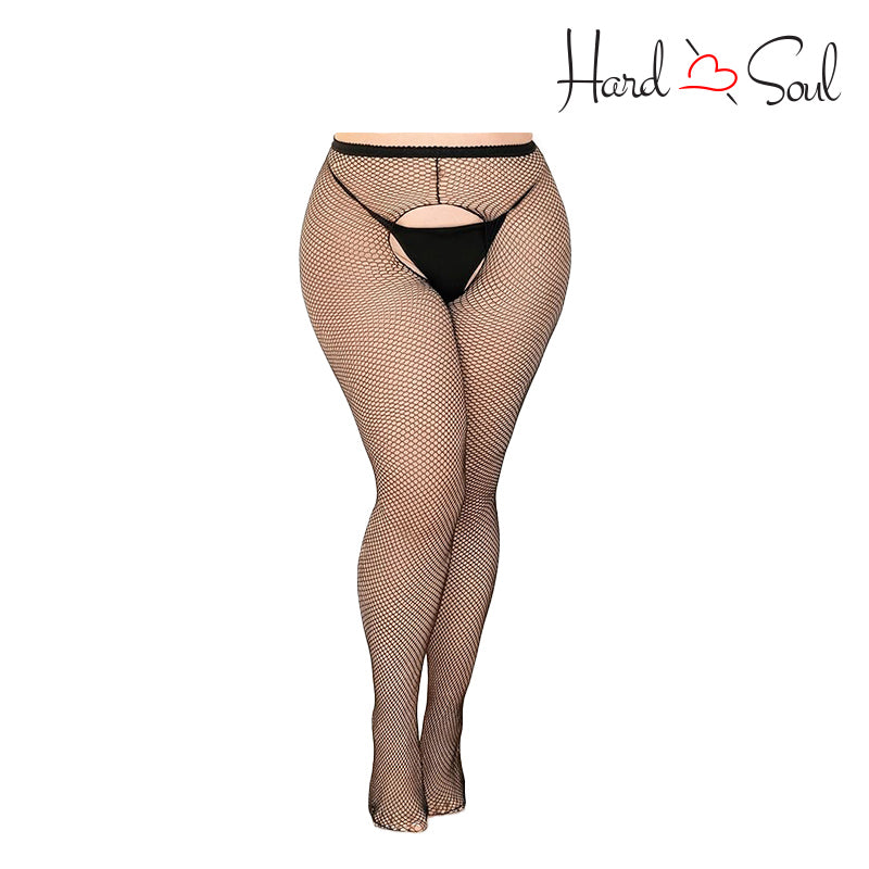 Front Side of Leg Avenue Crotchless Fishnet Black Pantyhose Plus Size - HardnSoul