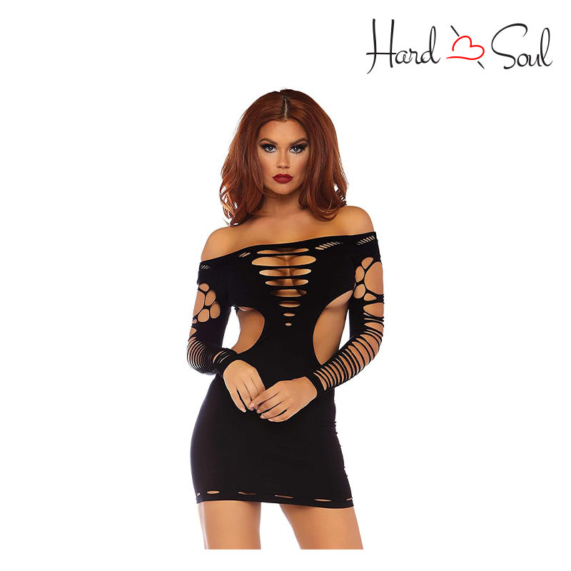 Front Side of a Black Leg Avenue Seamless Cut Out Long Sleeve Mini Dress - HardnSoul