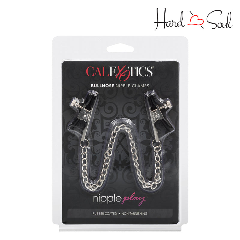 Front Side of a Box of Nipple Play Bull Nose Nipple Clamps Silver - HardnSoul