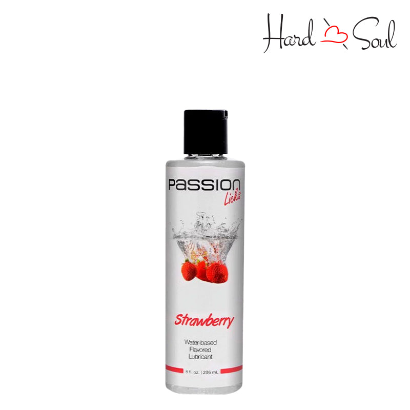 Front Side of a Bottle of Passion Licks Strawberry Water Based Flavored Lubricant 8oz - HardnSoul