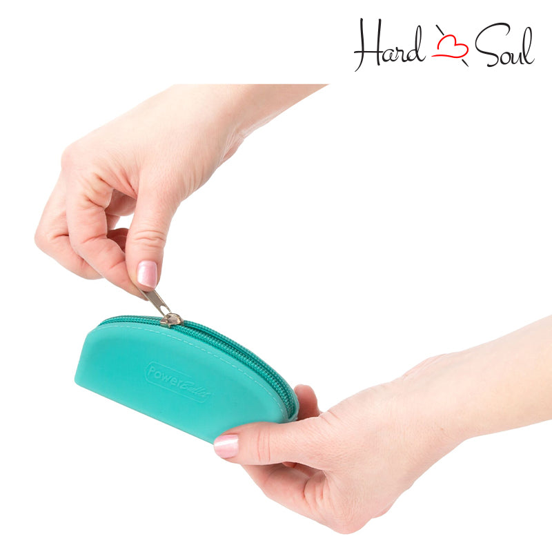 PowerBullet Silicone Zippered Storage Bag Teal in hand - HardnSoul