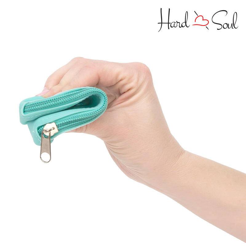 PowerBullet Silicone Zippered Storage Bag Teal in hand - HardnSoul