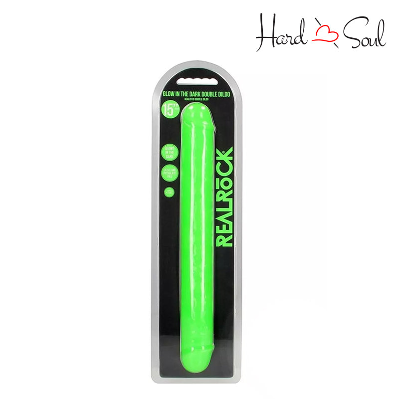 A Box of RealRock GITD 15 Inch Double Dildo Green - HardnSoul