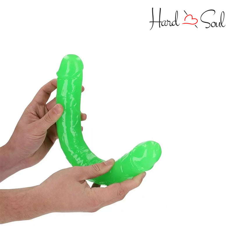 Tilted RealRock GITD 15 Inch Double Dildo Green o=in two hands - HardnSoul