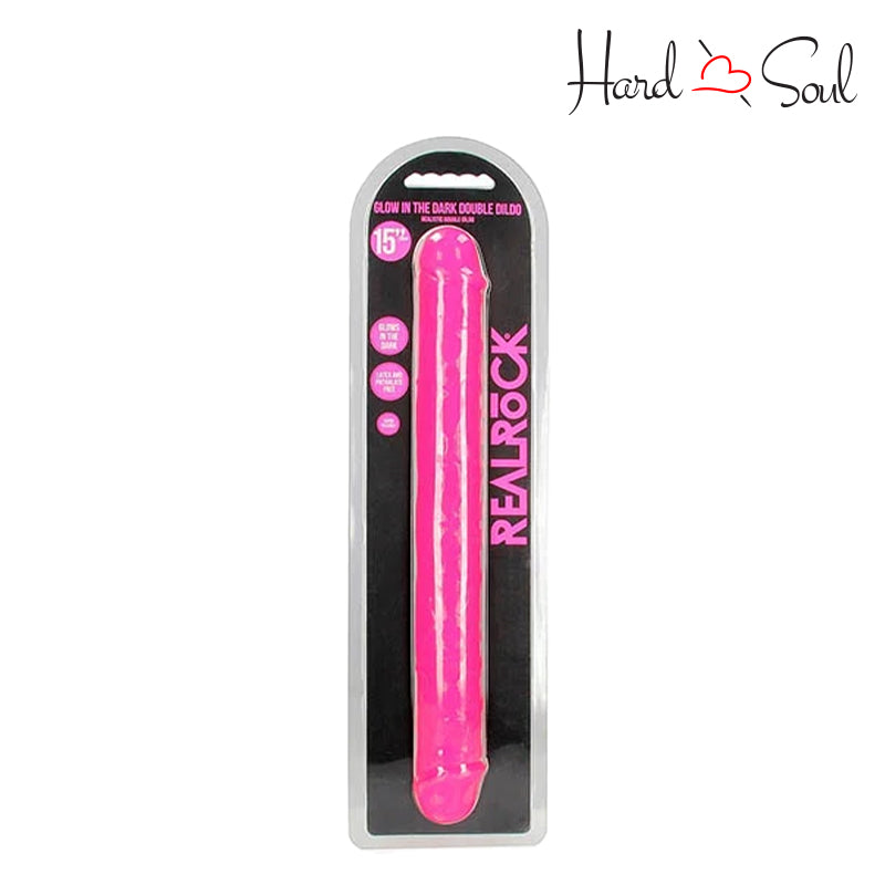 A Box of RealRock GITD 15 Inch Double Dildo Pink - HardnSoul