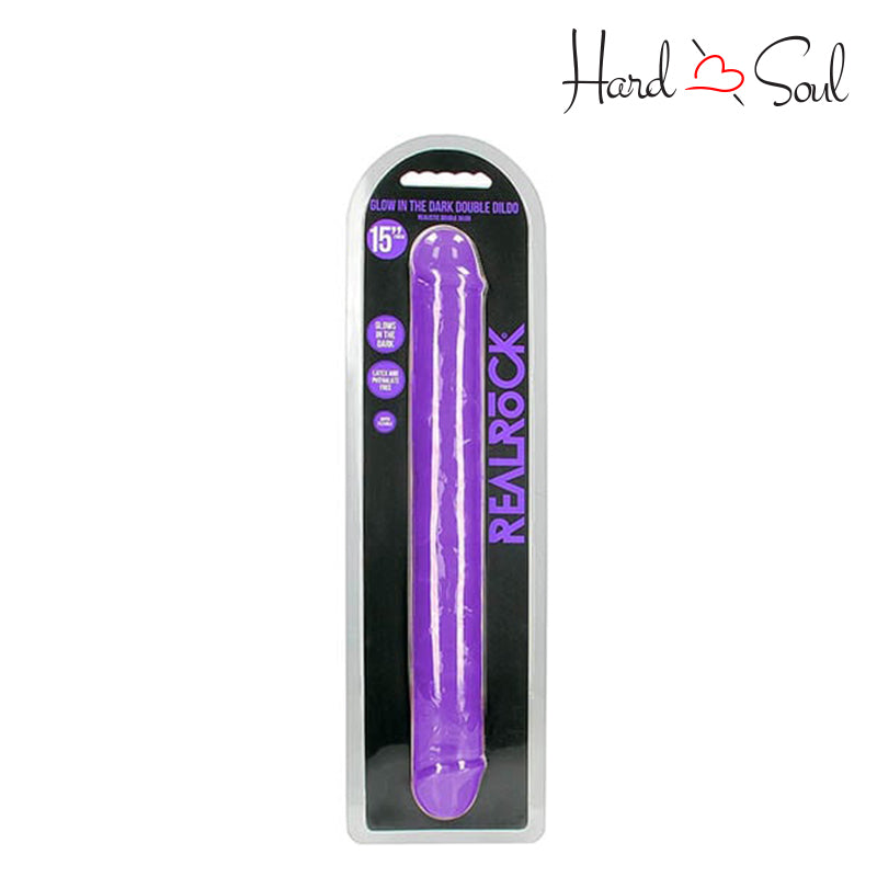 A Box of RealRock GITD 15 Inch Double Dildo Purple - HardnSoul