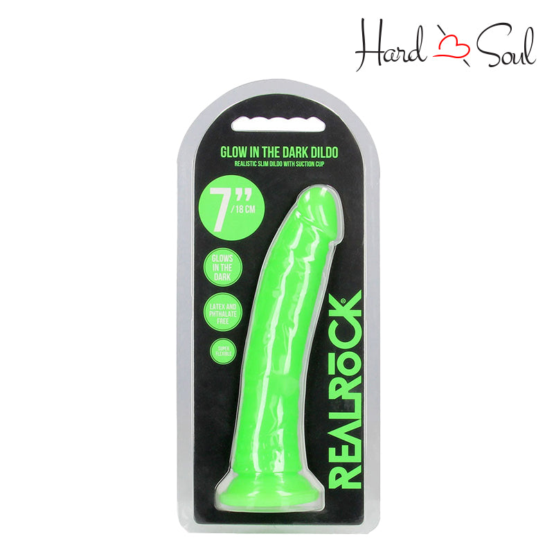 A Box of RealRock Glow in the Dark 7 Inch Slim Dildo Green - HardnSoul