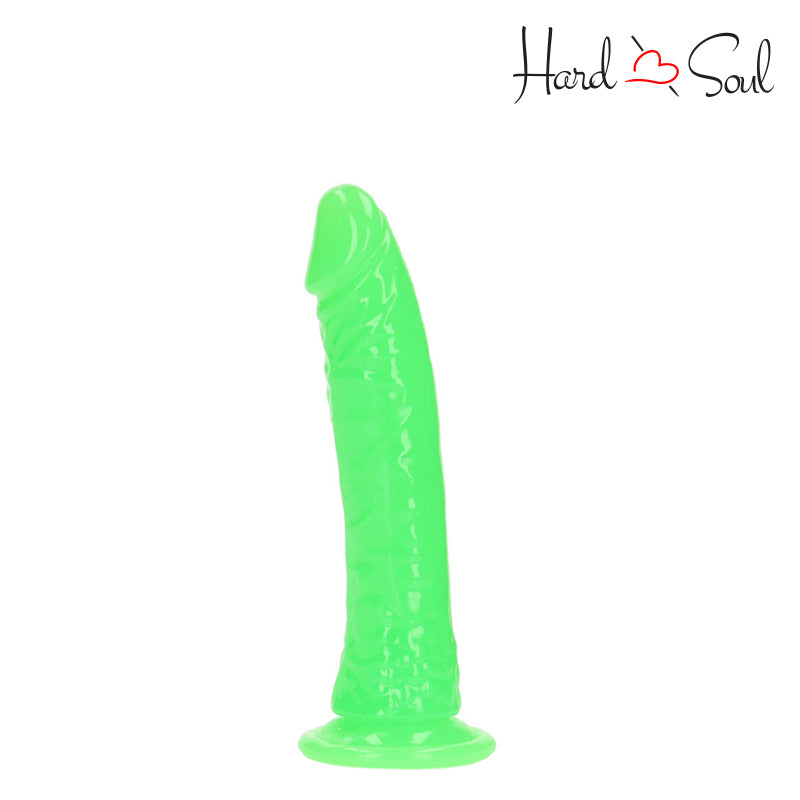 Front Side of a RealRock Glow in the Dark 7 Inch Slim Dildo Green - HardnSoul