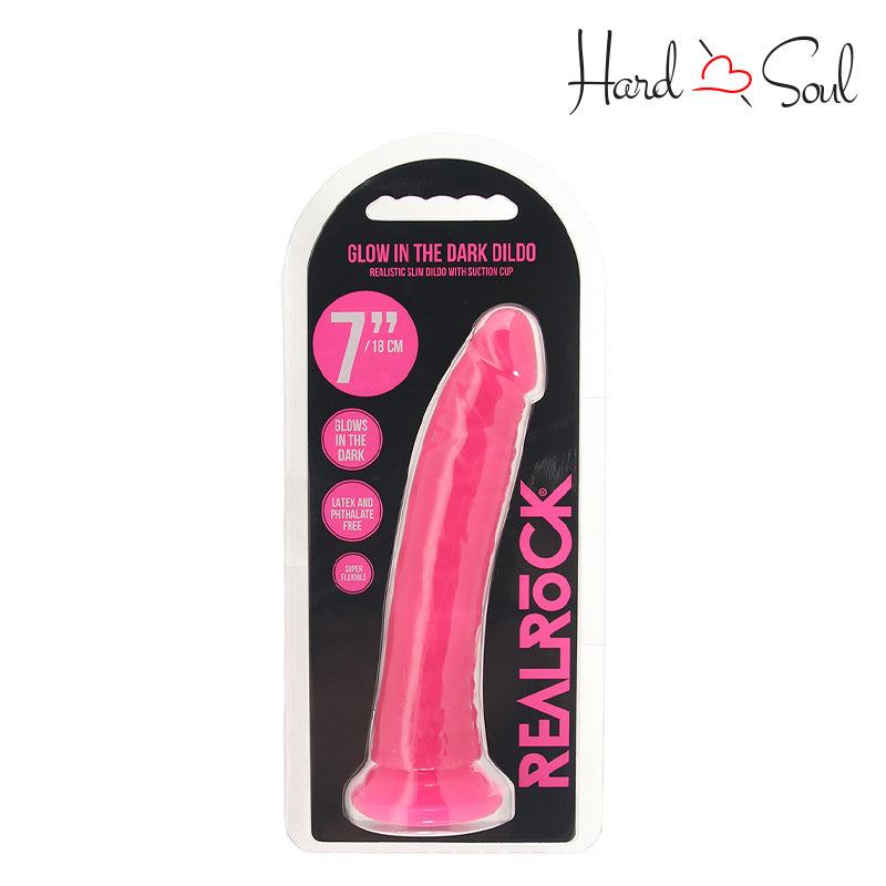 Front Side of a Box of RealRock Glow in the Dark 7 Inch Slim Dildo Pink - HardnSoul