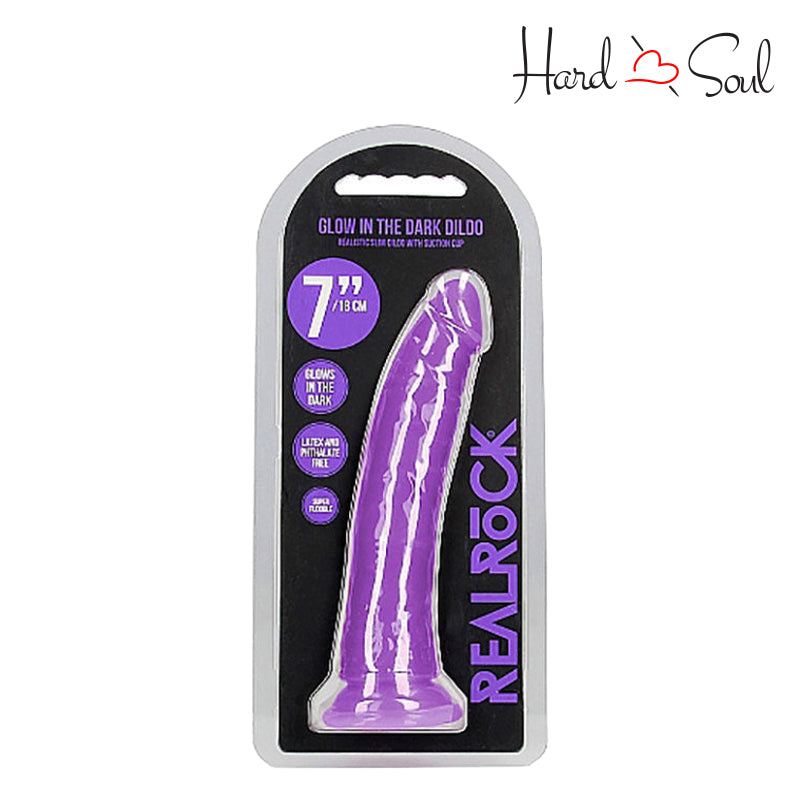 A Box of RealRock Glow in the Dark 7 Inch Slim Dildo Purple - HardnSoul