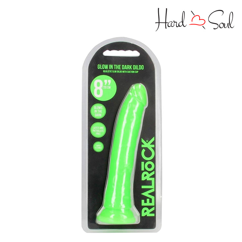 A Box of RealRock Glow in the Dark 8 Inch Slim Dildo Green - HardnSoul