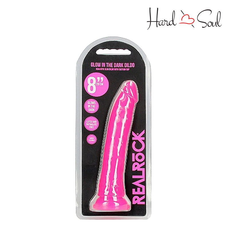 A Box of RealRock Glow in the Dark 8 Inch Slim Dildo Pink - HardnSoul