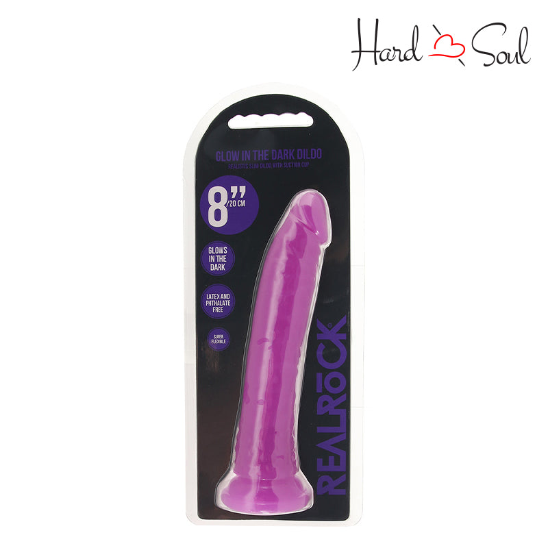 A Box of RealRock Glow in the Dark 8 Inch Slim Dildo Purple - HardnSoul