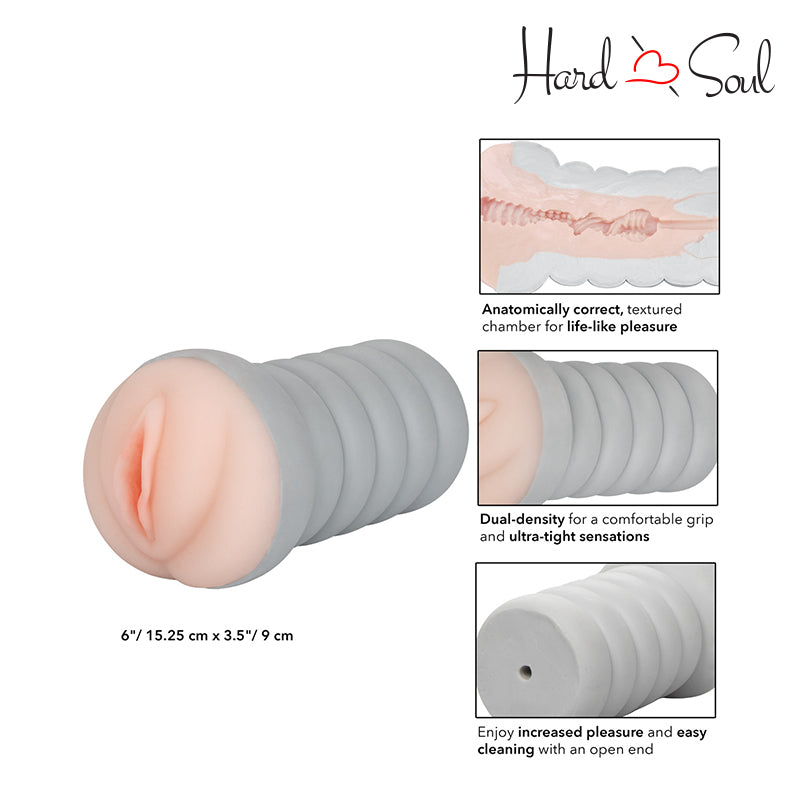 Sizes, Measurement and in detail description of Ribbed Gripper Tight Pussy Grip Stroker Ivory - HardnSoul