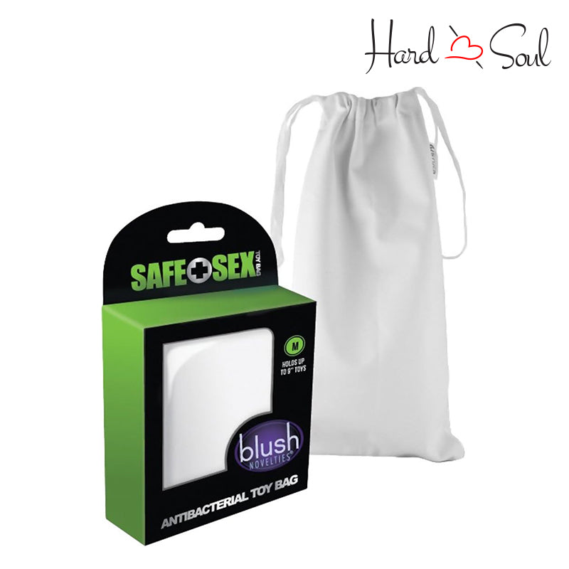 A Box of Safe Sex White Antibacterial Toy Bag Medium and a bag next to it - HardnSoul