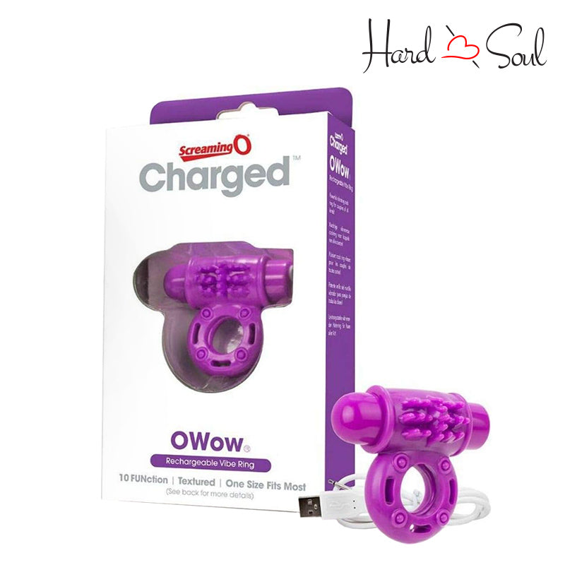 A Box of Screaming O Charged OWow Vibe Ring Purple and a Ring with a USB charge Cable - HardnSoul