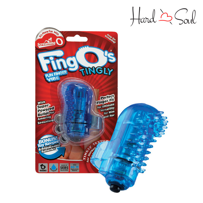 A Box of Screaming O FingOs Vibe Tingly Blue and a finger vibrator next to it - HardnSoul