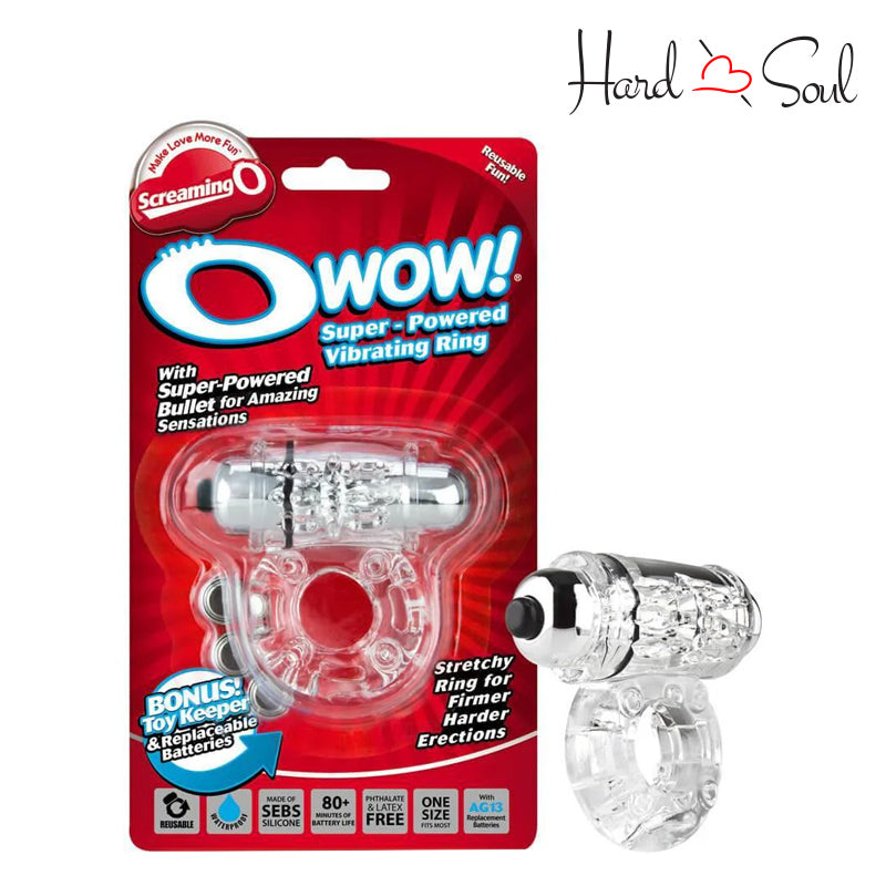 A Box of Screaming O OWow Vibrating Ring Clear and a ring next to it - HardnSoul