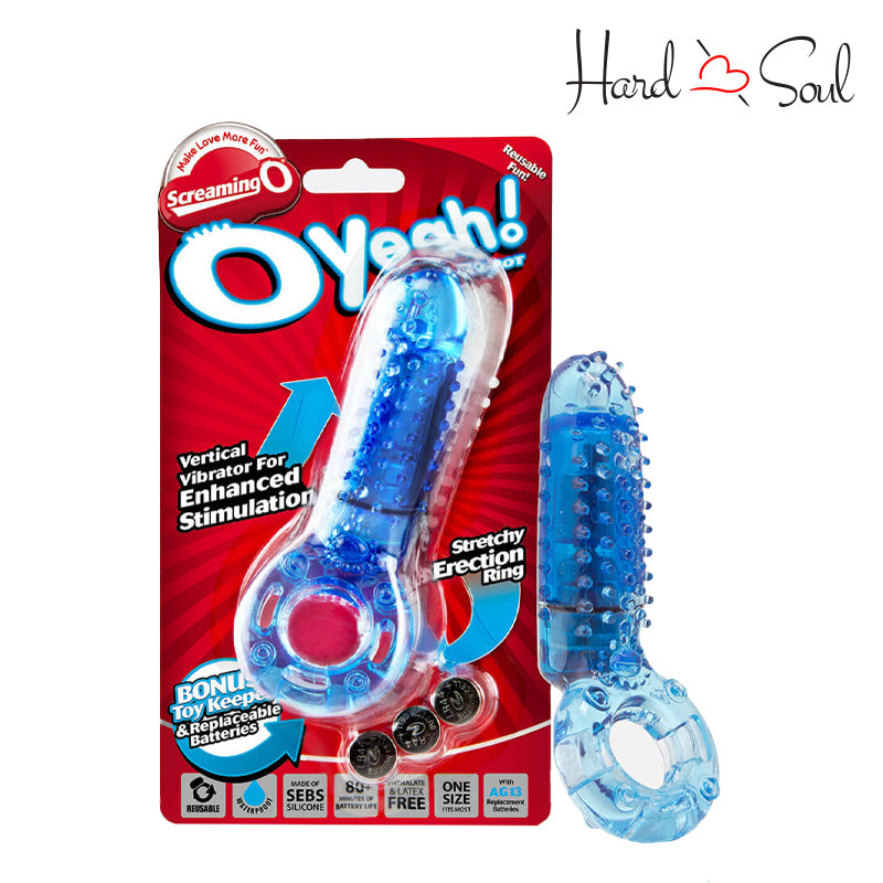 A Box of Screaming O OYeah Vibrating Cock Ring Blue and a cock ring next to it - HardnSoul