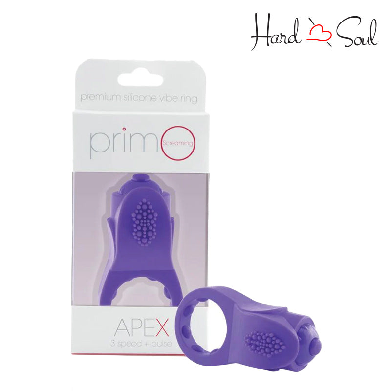 A Box of Screaming O PrimO Apex Vibrating Ring Purple and a Vibrating Ring next to it - HardnSoul