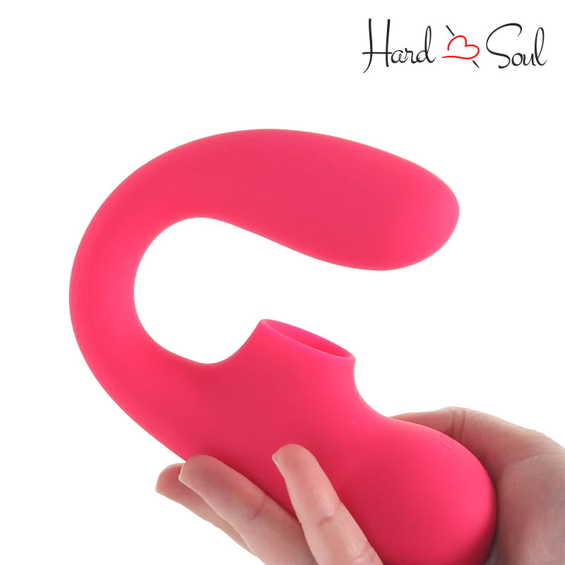 A Suki Plus Dual Vibrator Foxy Pink in hand - HardnSoul