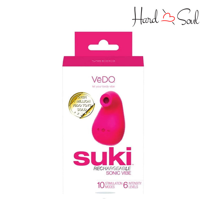 Front Side of Suki Sonic Vibrator Foxy Pink Box - HardnSoul