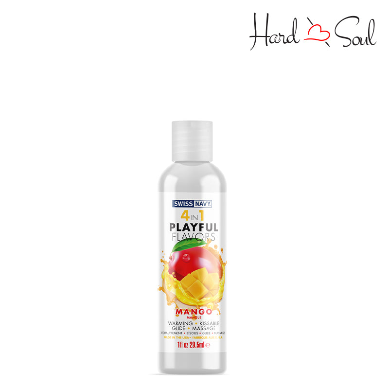 Front side of a Bottle of Swiss Navy 4 In 1 Flavored Lubricant Mango 1oz - HardnSoul