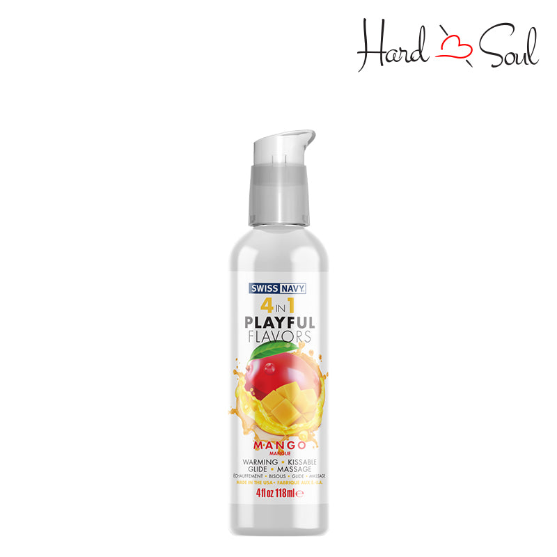 Front side of a Box if Swiss Navy 4 In 1 Flavored Lubricant Mango 4oz - HardnSoul