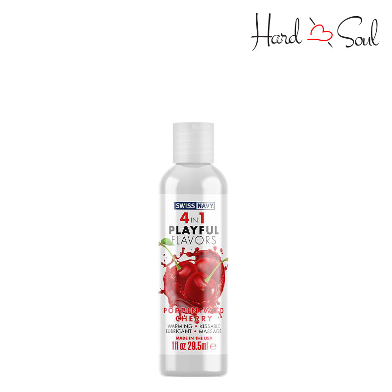 Front side of a Bottle of Swiss Navy 4 In 1 Flavored Lubricant Poppin Wild Cherry 1oz - HardnSoul