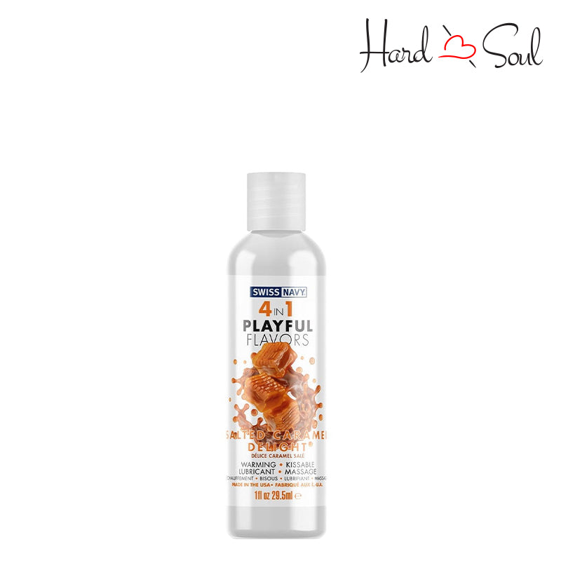 Front Side of a Bottle of Swiss Navy 4 In 1 Flavored Lubricant Salted Caramel Delight 1oz - HardnSoul