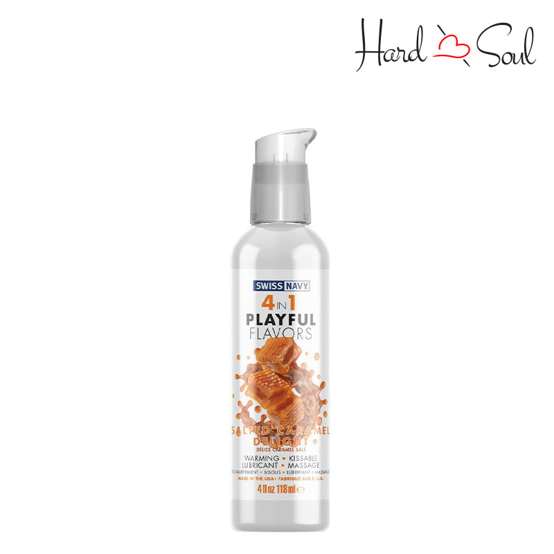 Front Side of a. Swiss Navy 4 In 1 Flavored Lubricant Salted Caramel Delight 4oz - HardnSoul