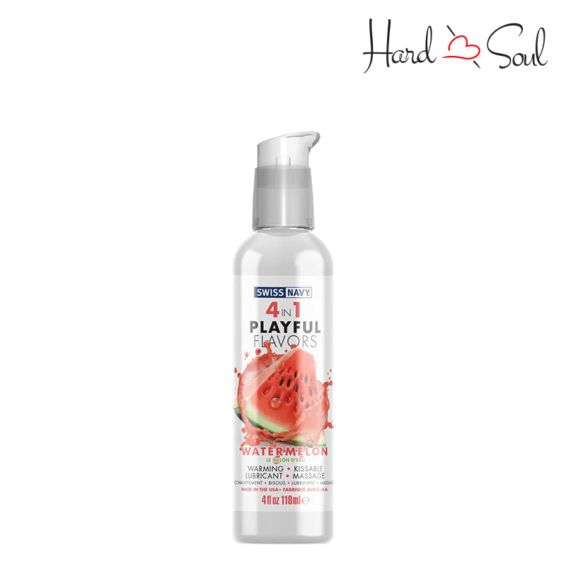 Frontside of a Bottle of Swiss Navy 4 In 1 Flavored Lubricant Watermelon 4oz - HardnSoul