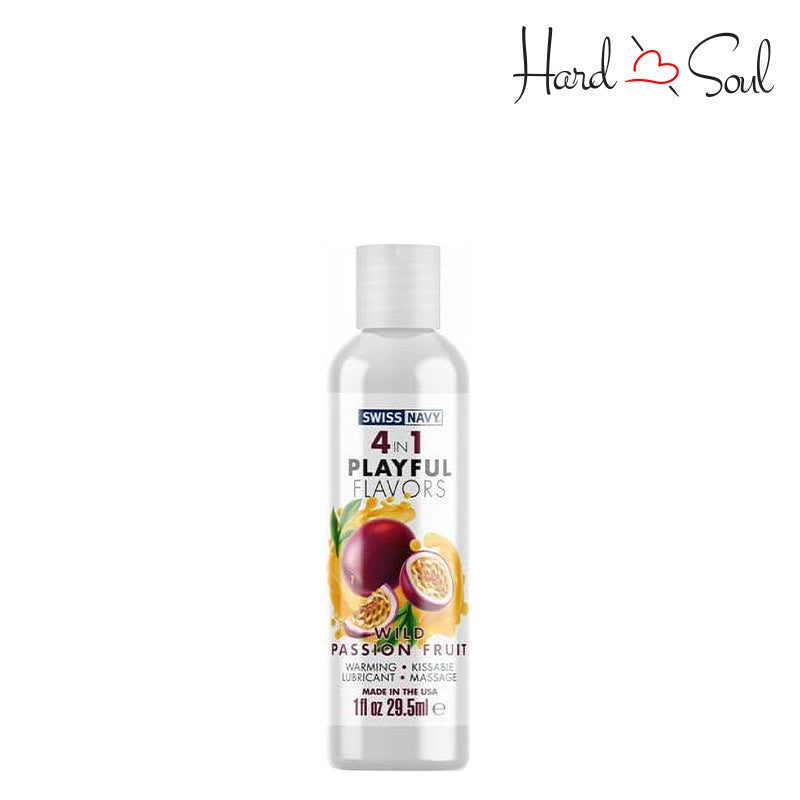 Front Side of a Bottle of Swiss Navy 4 In 1 Flavored Lubricant Wild Passion Fruit 1oz - HardnSoul