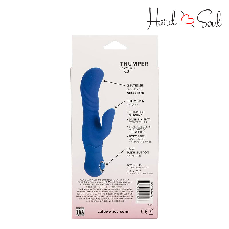 Back Side of Thumper G Silicone Rabbit Vibrator Blue Box - HardnSoul