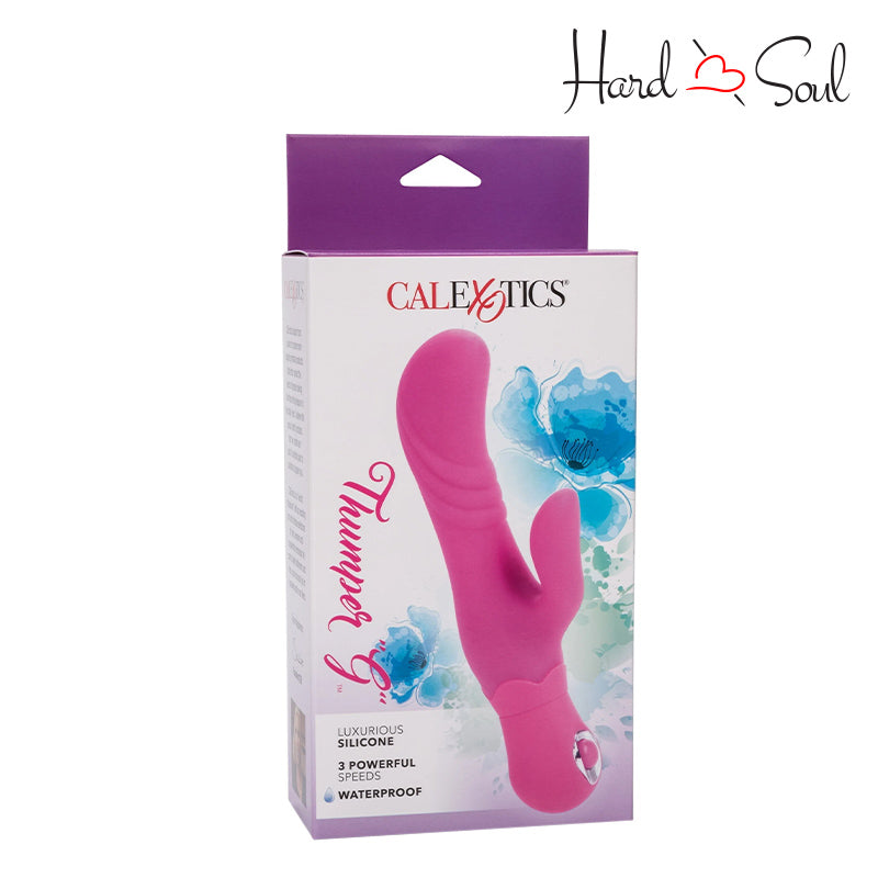 Front Side of Thumper G Silicone Rabbit Vibrator Pink Box - HardnSoul