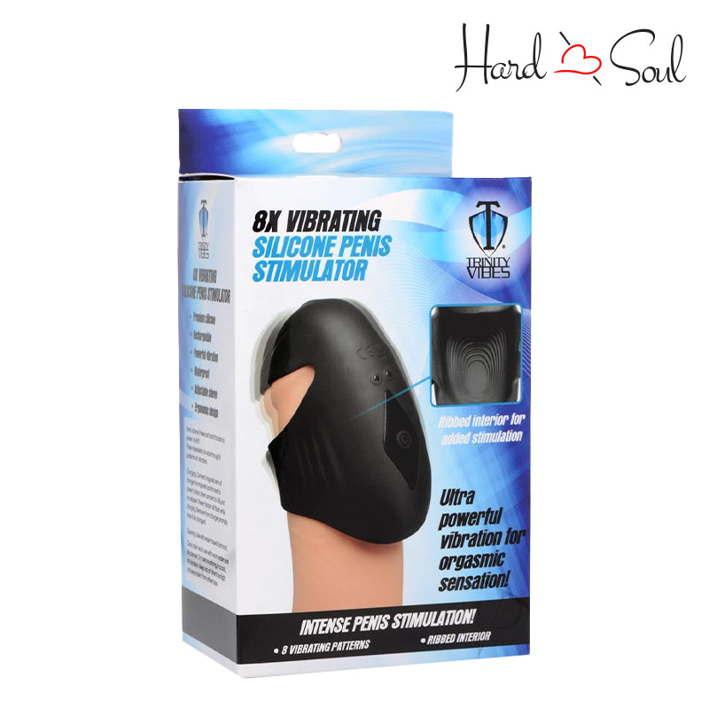 A box of Trinity Men 8X Vibrating Penis Sleeve Black - HardnSoul