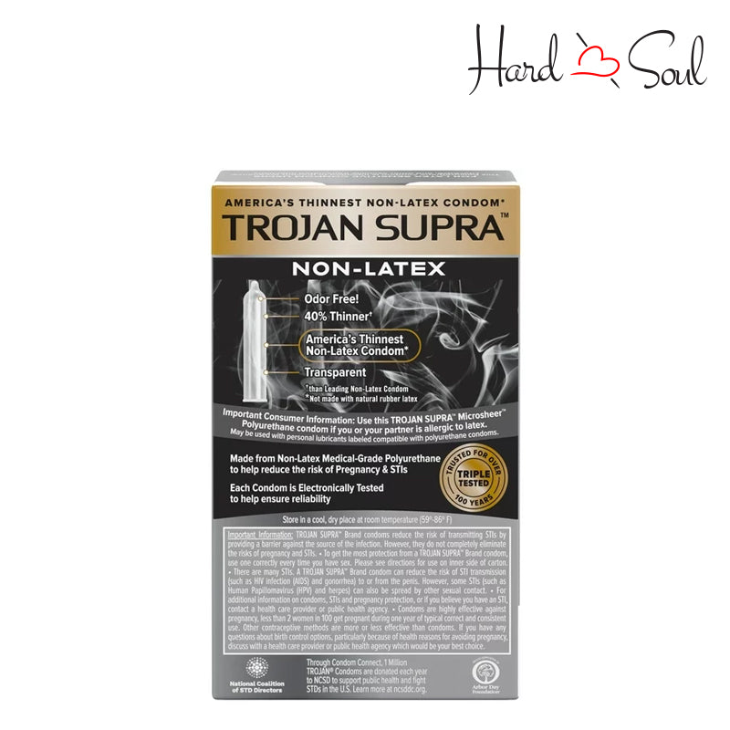 Backside of a Box of Trojan BareSkin Supra Non-Latex Condoms 6 Count - HardnSoul