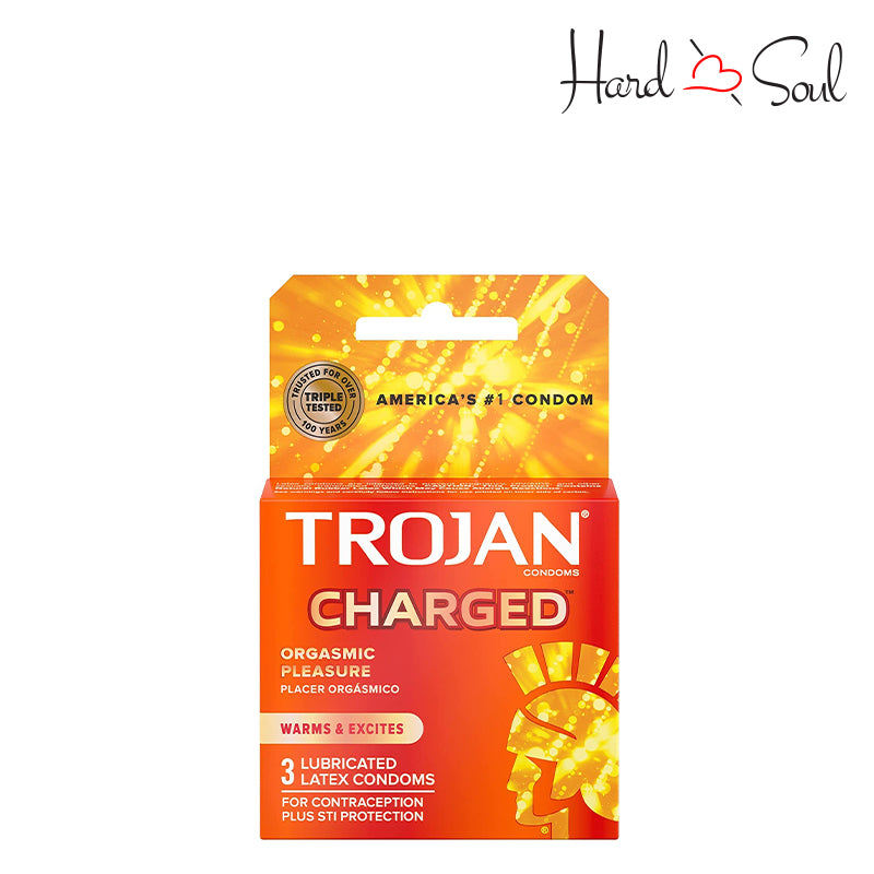 Front Side of a Box of Trojan Charged Orgasmic Pleasure Condoms 3 Count - HardnSoul