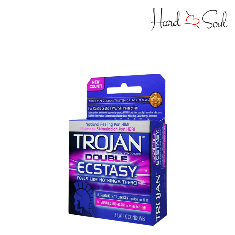 Side of a Box of Trojan Double Ecstasy Condoms 3 Count