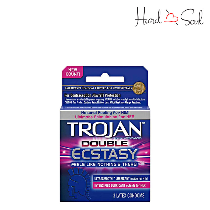 Front Side of a Box of Trojan Double Ecstasy Condoms 3 Count - HardnSoul