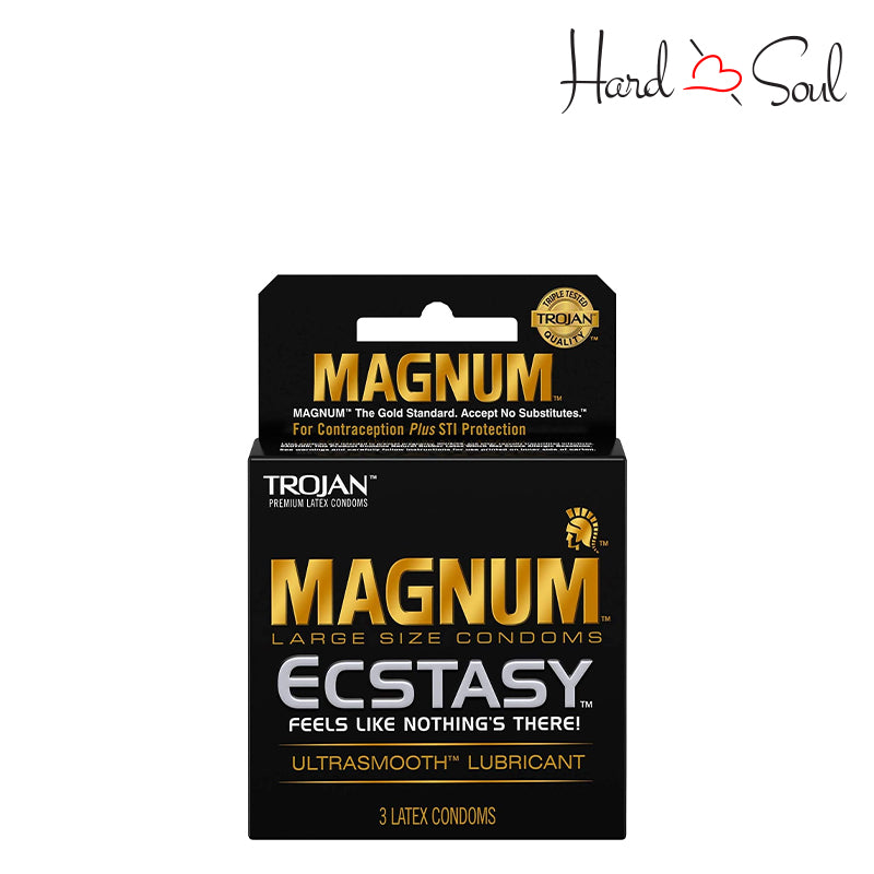 Front Side of a Box of Trojan Magnum Ecstasy Ultra Smooth Lubricated Condoms 3 Count - HardnSoul