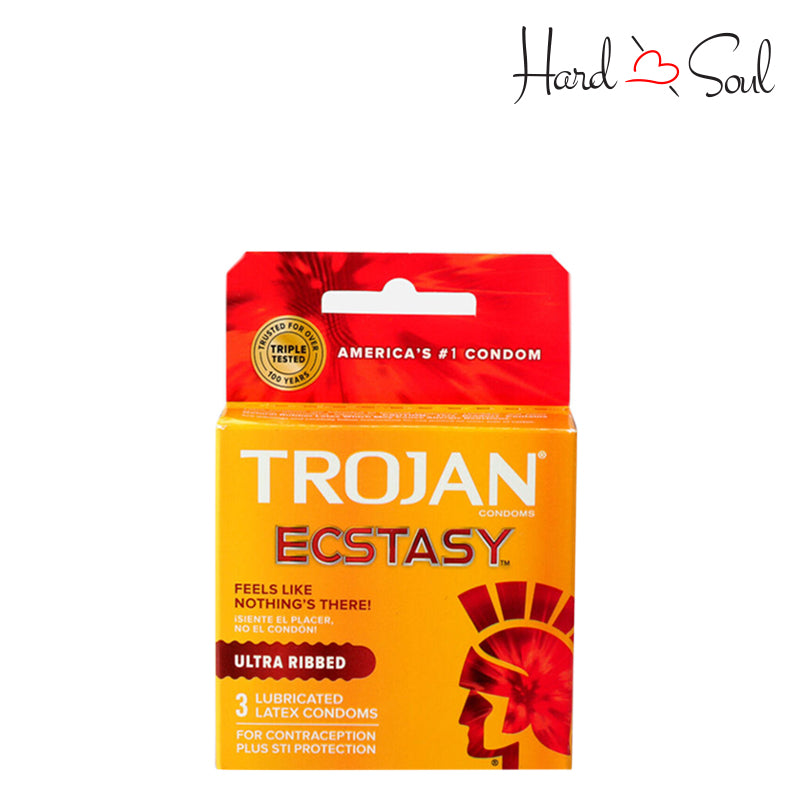 A Box of Trojan Ultra Ribbed Ecstasy Condoms 3 Count - HardnSoul