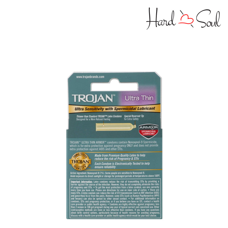 Backside of a Box of Trojan Ultra Thin Armor Spermicide Condom 3 Count - HardnSoul