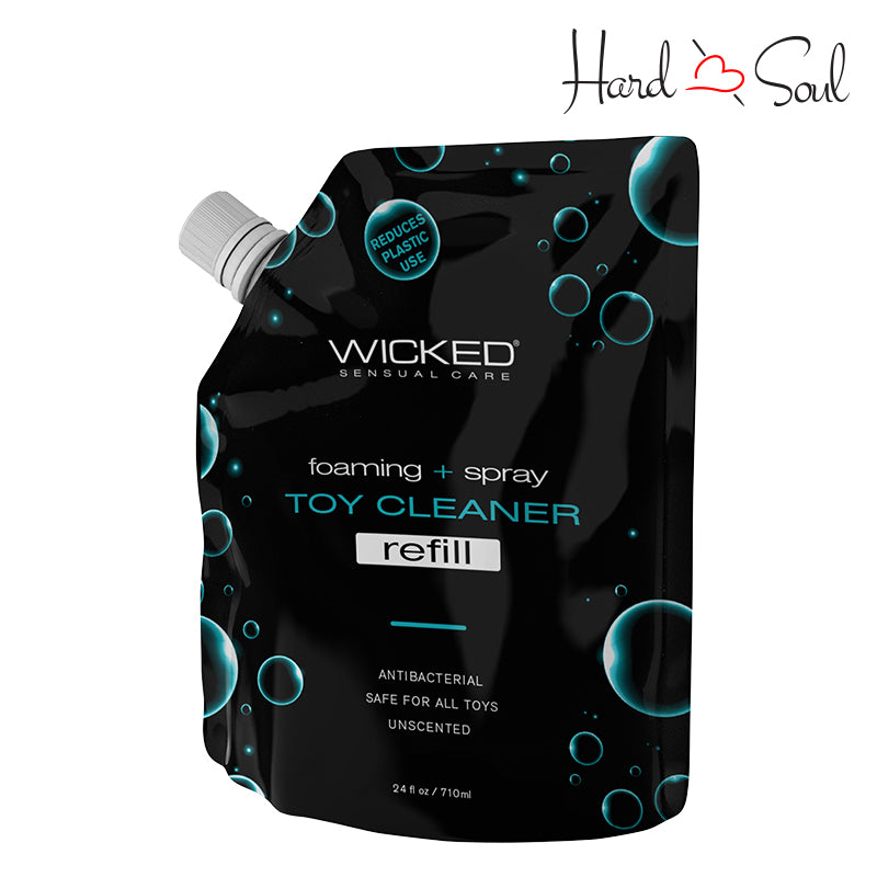 Wicked Sensual Care Foaming and Spray Toy Cleaner Refill Pouch 24 oz, antibacterial, safe for all toys, unscented, with reduced plastic use sign - HardnSoul